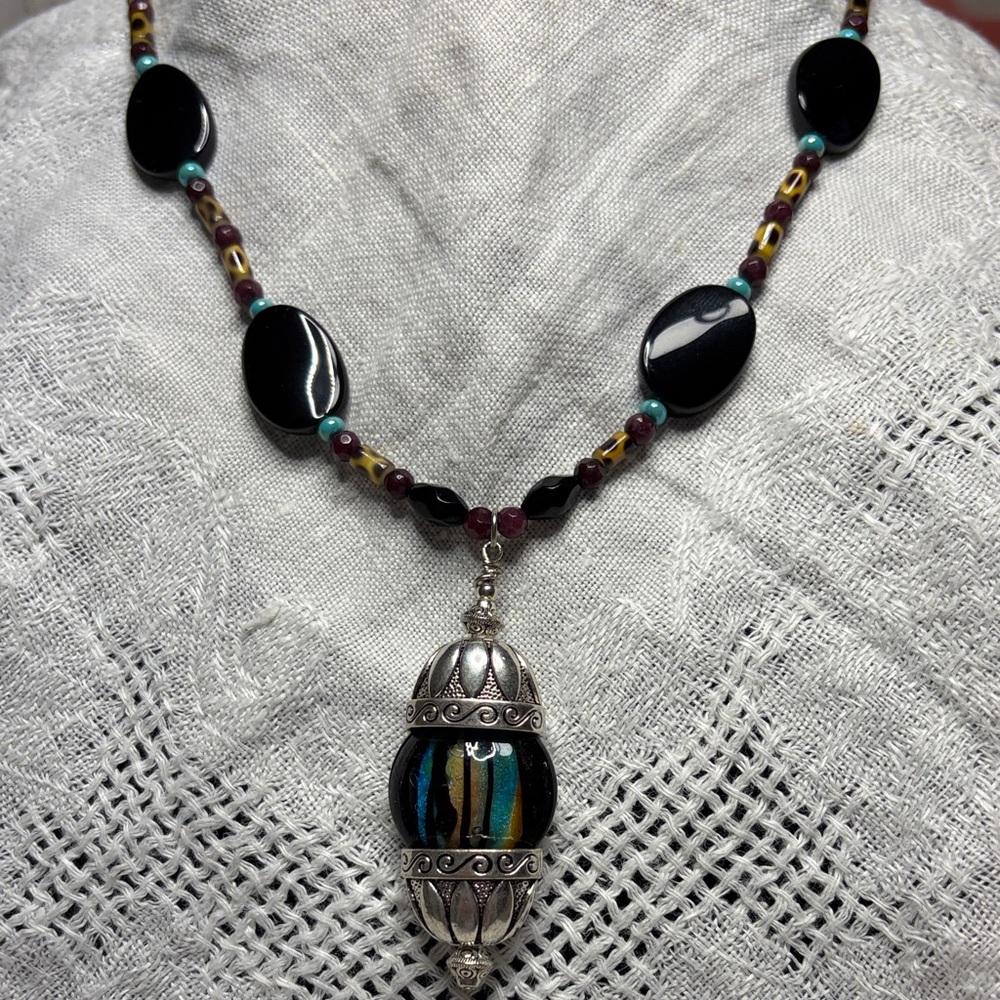 Handcrafted Black Bead Necklace & Earrings with Multicolor Glass Beads & Pendant